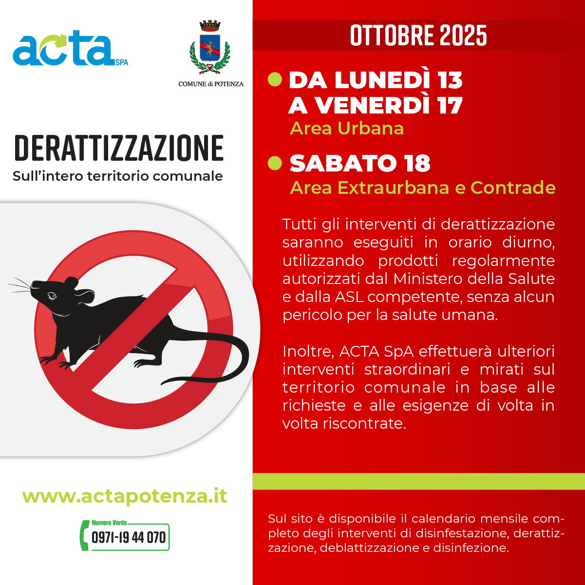 Derattizzazione e disinfezione ottobre.